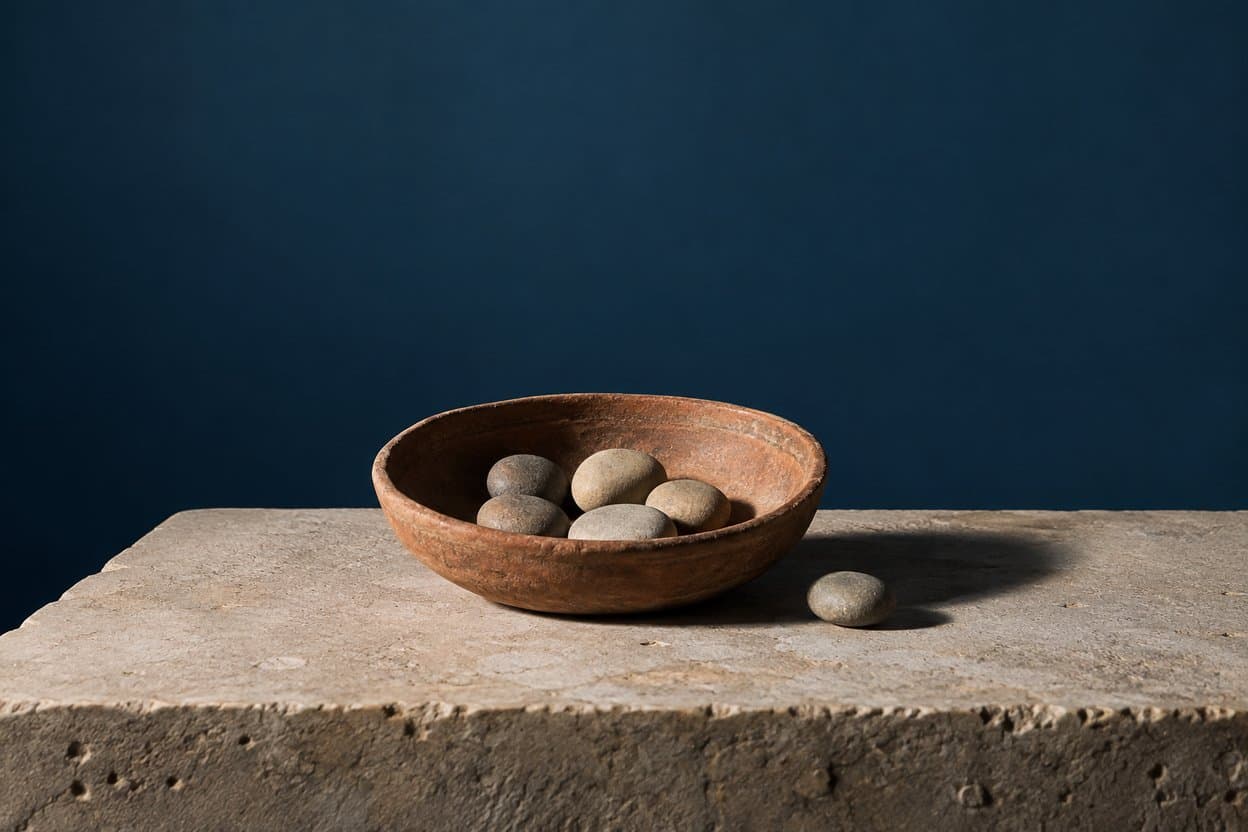 Cuenco de terracota de inspiración romana con piedras de votación sobre una base de piedra y fondo azul profundo.