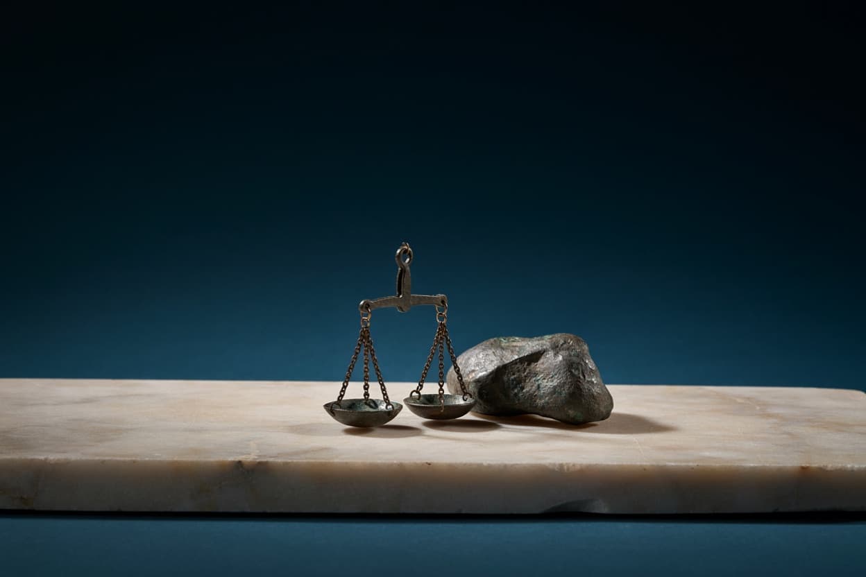 Balanza romana de mano junto a un lingote de bronce en bruto: el rito de la mancipatio.