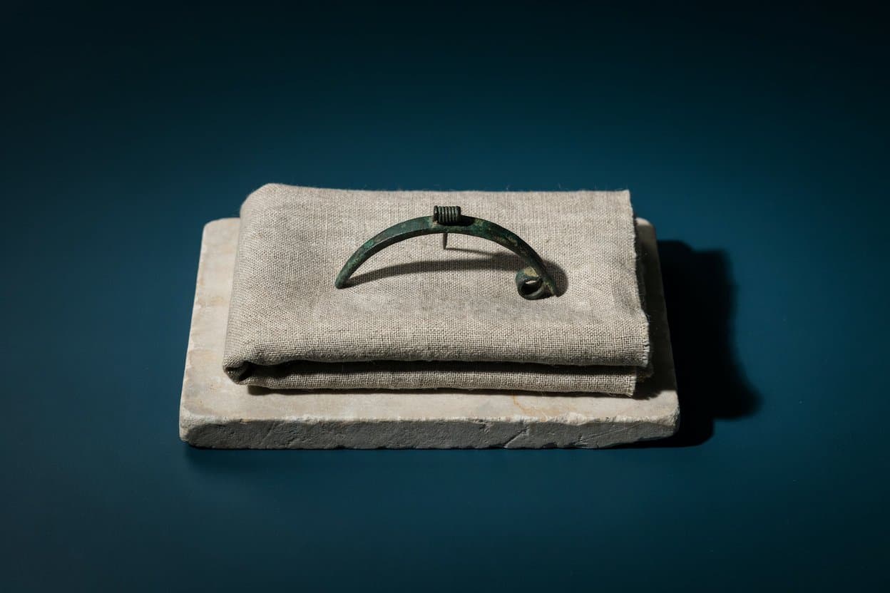 Un broche romano de bronce con su resorte a la vista, sobre una tela doblada encima de una losa de piedra.