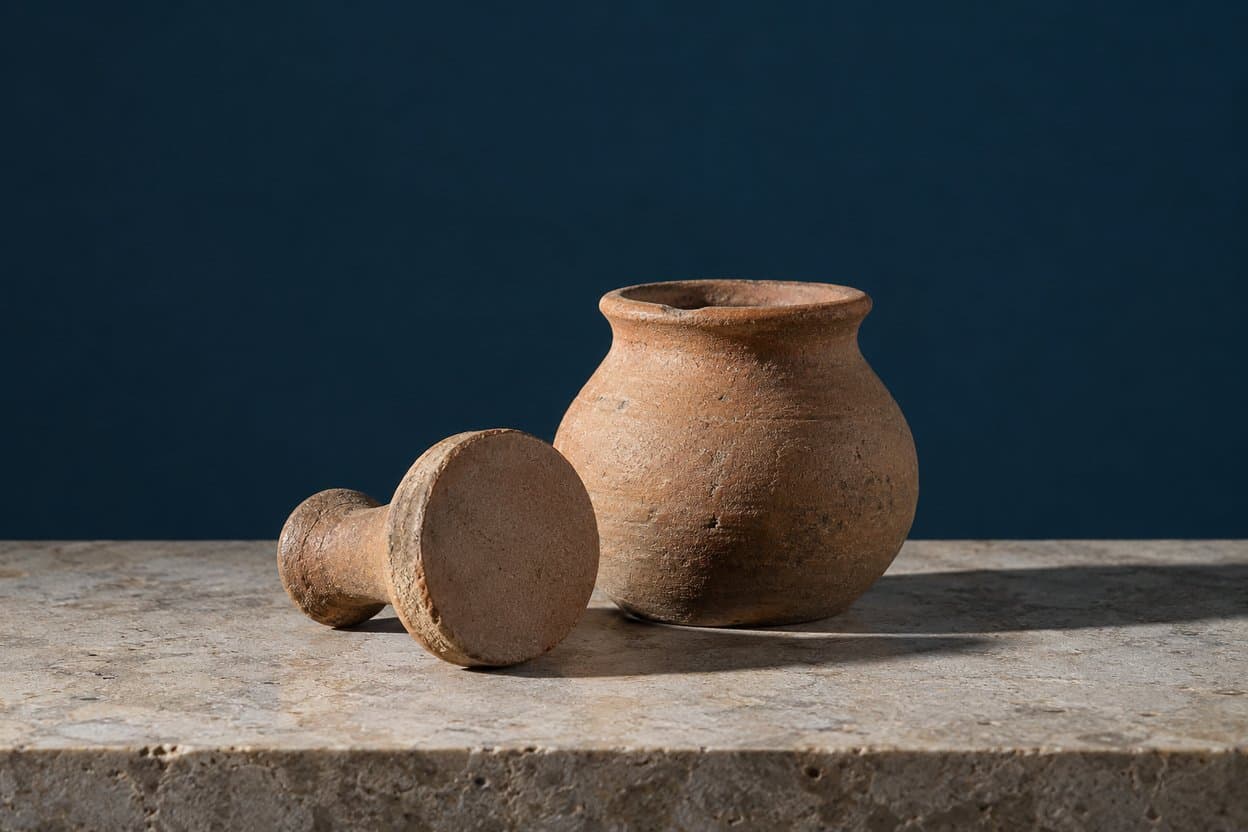 Sello de alfarero y vasija de terracota de inspiración romana sobre piedra, frente a un fondo azul profundo.