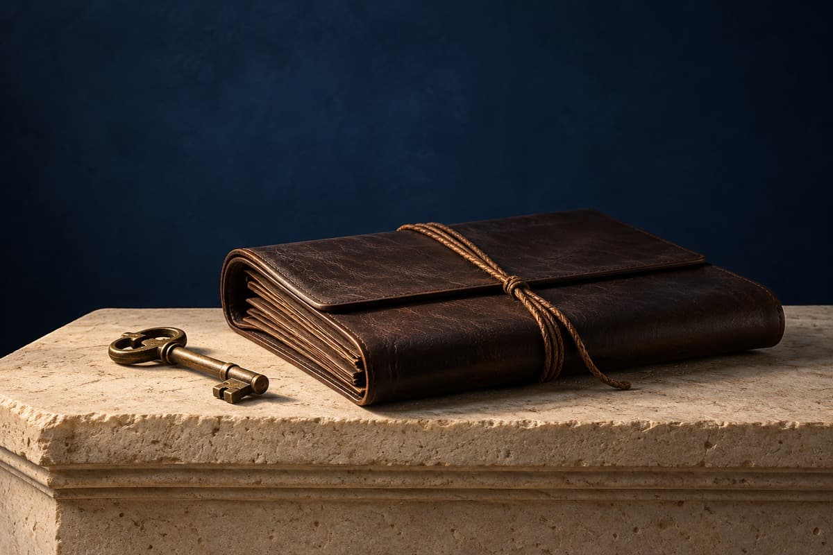 Cuaderno de cuero cerrado con un cordón y llave de bronce sobre piedra, con fondo azul profundo de inspiración romana.