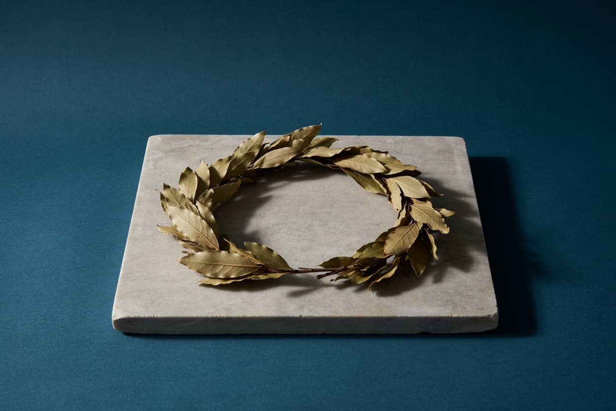 A Roman laurel wreath on a stone base, lit against a deep blue background.