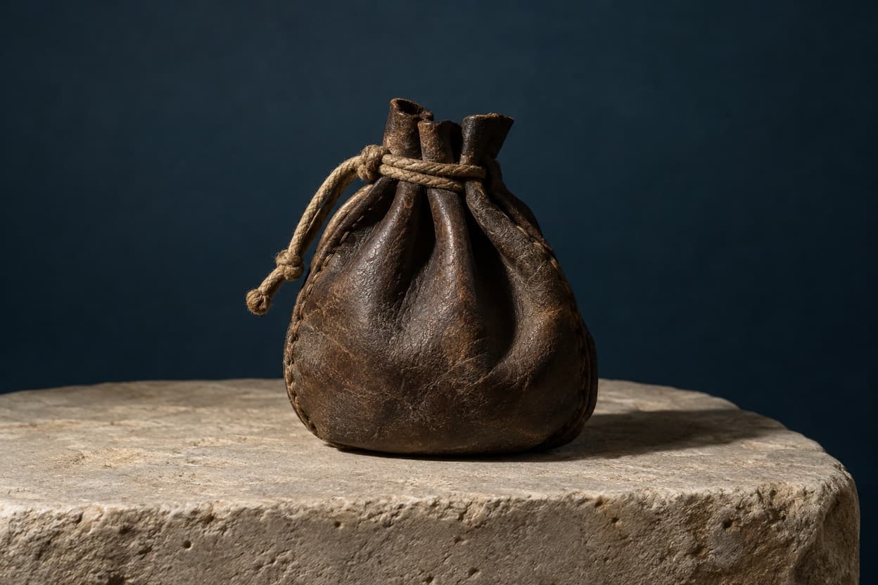 A closed Roman-inspired leather pouch tied with a cord on stone against a deep blue background.