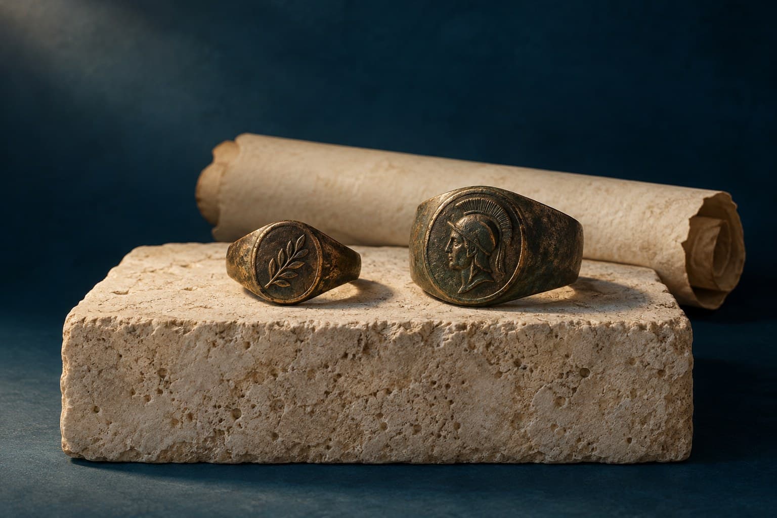 Two Roman bronze seals and a parchment scroll on stone against a deep blue background.