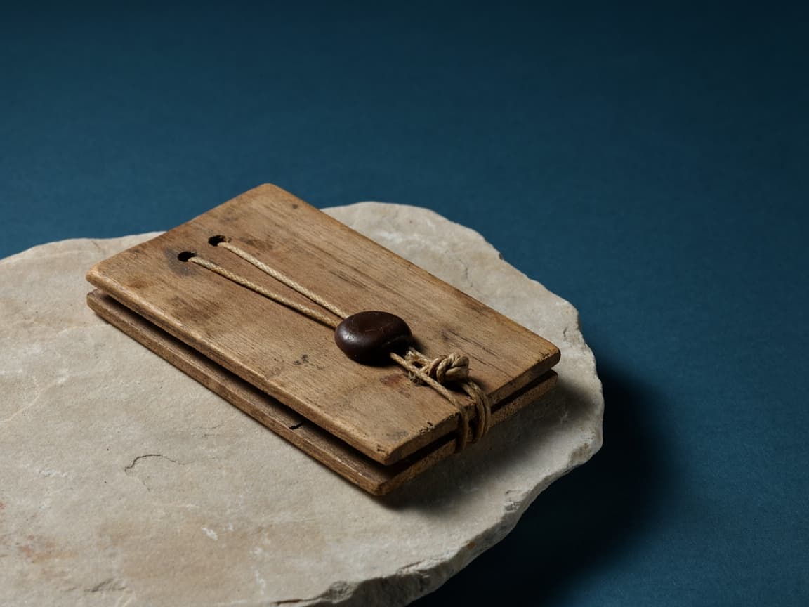 Tablillas de madera atadas con cuerda y un sello sobre piedra, en una composición de inspiración romana.